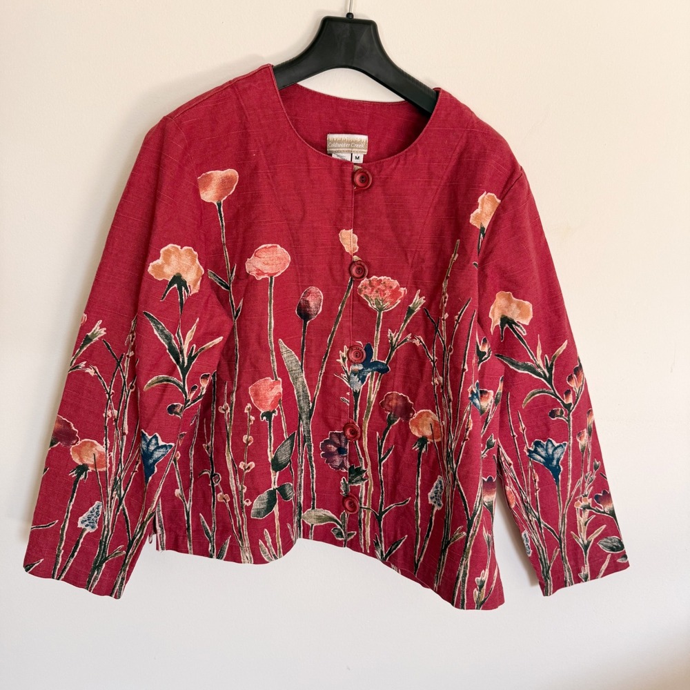 Vintage‎ Red Floral Cotton Flax Artsy Jacket Botanical Print Button Front M